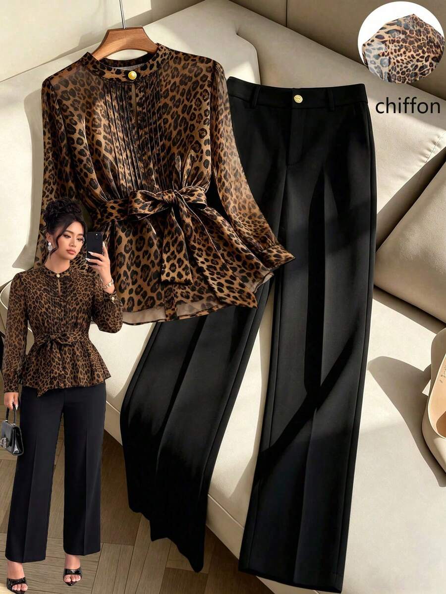 GlowEve CURVE Plus Size Leopard Print Chiffon Crew Neck Blouse&Black Straight-Leg Pant Two Pieces Set,Metal Button,Elegant Office Wear,Dinner,Casual Daily,Autumn - Multicolor - View 1