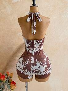 Soleia Women's Colorblock Waist Eyelet Tie Design Fashion Halter Neck Romper - Multicolor - View 2