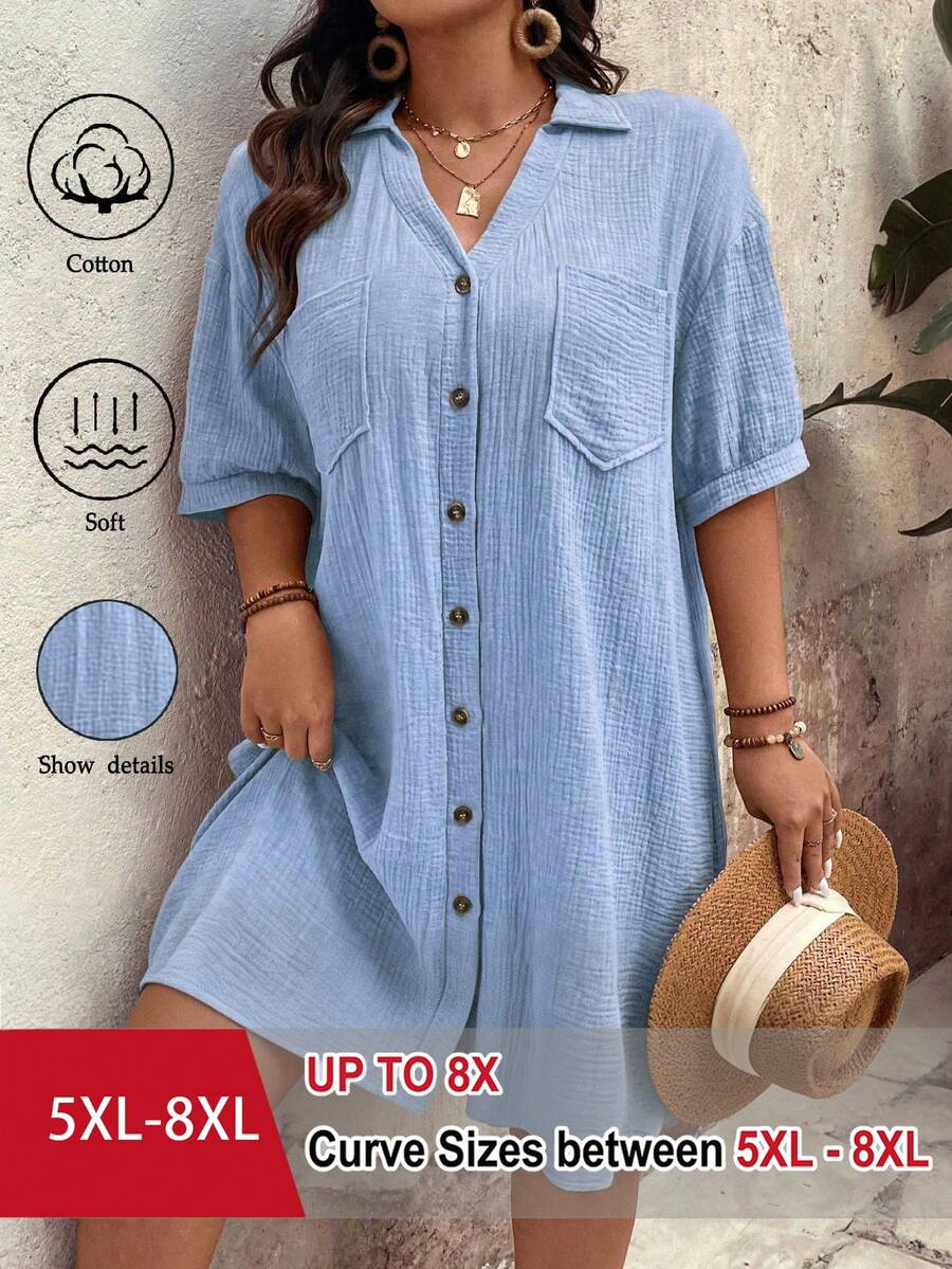 SHEIN CURVE+ 大尺碼女款優雅休閒純棉素色梭織鈕扣落肩泡泡袖口袋V領翻領夏季中長版襯衫洋裝 - 藍色 - 查看 1