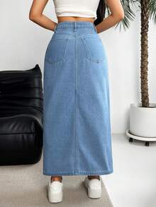 Rivivi Women's Fashionable Simple High Waist Slim Fit Split Denim Midi Skirt - Blue - View 2