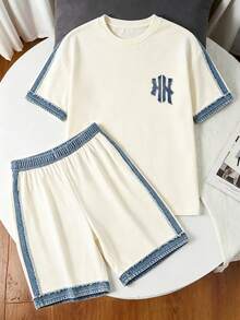 青少年男孩休閒極簡短袖圓領T恤與短褲套裝，2件套服裝，適合秋季返校 - 彩色 - 查看 4