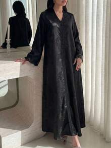 SHEIN Najma V領優雅提花飾邊蕾絲拼接長袖喇叭袖女款阿拉伯風洋裝 - 黑色 - 查看 6