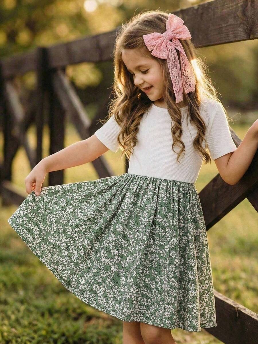 Emery Rose Kids Emery Rose Kids 女童夏季休闲拼接碎花圆领短袖连衣裙