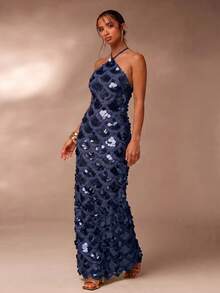 Glamine Women's Solid Color Sequin Glamorous Fitted Halter Neck Dress - Navy Blue - View 3