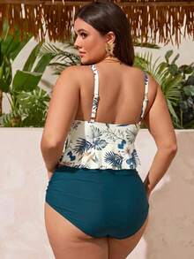 Swim Lushoire Leopard Print Ruffle Trim Casual Vacation Plus Size Women Swimsuit Set - Teal Blue - View 2