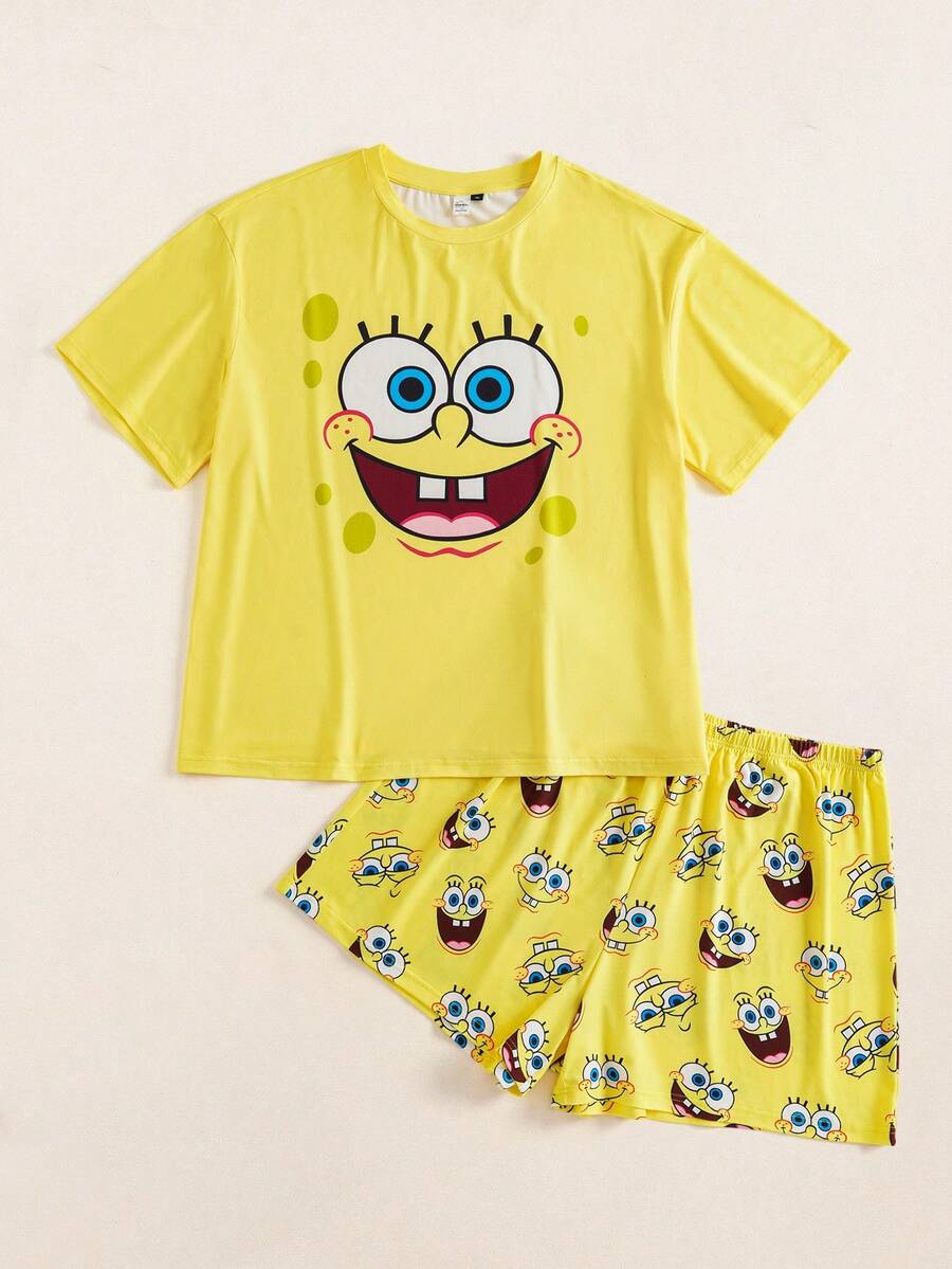 SpongeBob SquarePants | SHEIN Plus Size Cartoon Print Pajama Set - Yellow - View 1