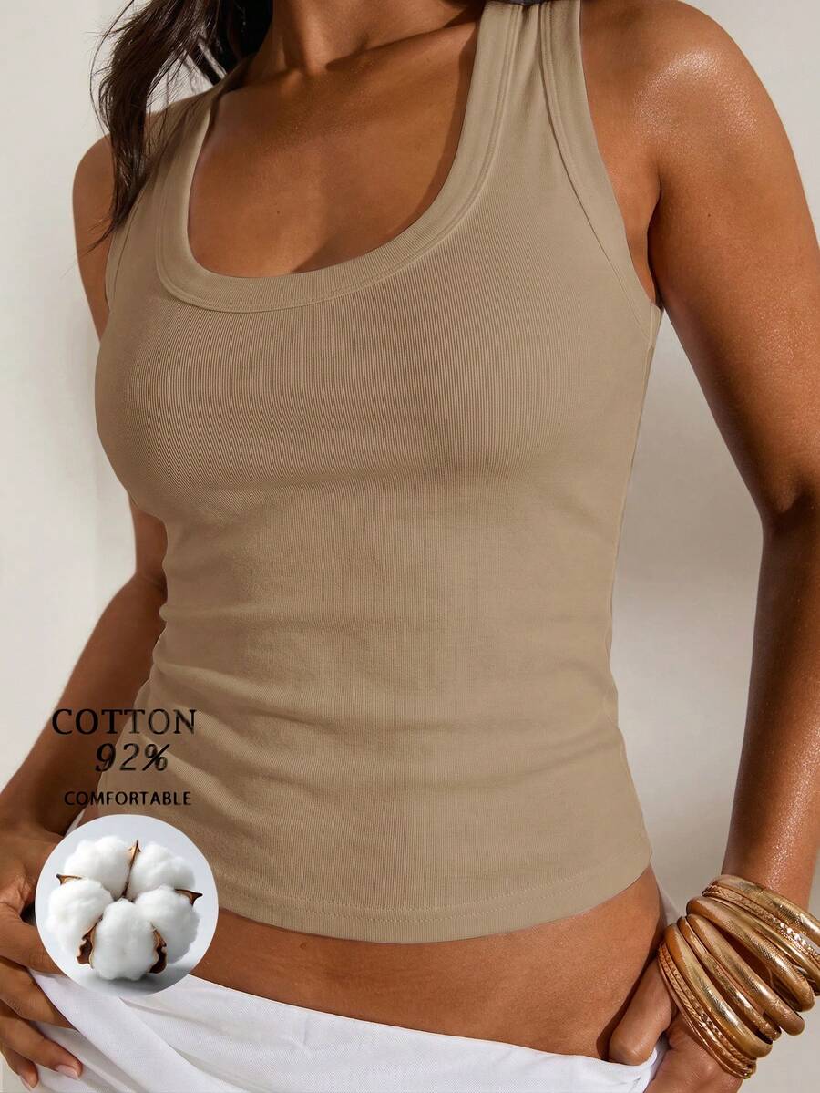 Opulessa 春夏度假純色針織修身女款背心 - 卡其色 - 查看 1