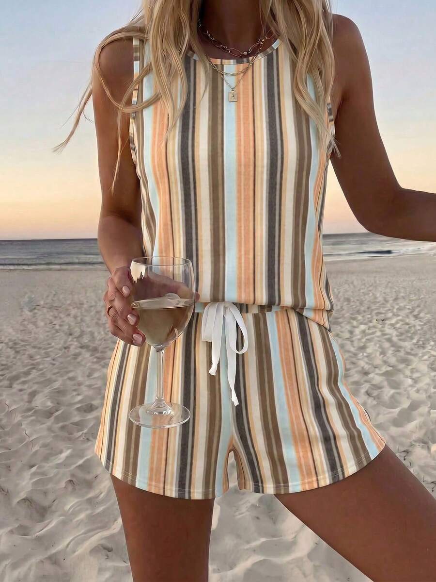 SHEIN LUNE Casual Women's Round Neck Tank Top And Shorts 2 Pieces Set Beach Beige Summer - Multicolor - View 1