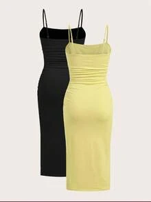 SHEIN EZwear 大码女式灰色/黑色夏季连衣裙 - 黃色 - 查看 2