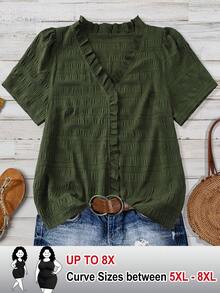 SHEIN CURVE+ Plus Size Women's Solid Textured V-Neck Short Sleeve Casual Regular Shirt, Suitable For Outings And Vacations, Spring/Summer Tops - Army Green - View 1