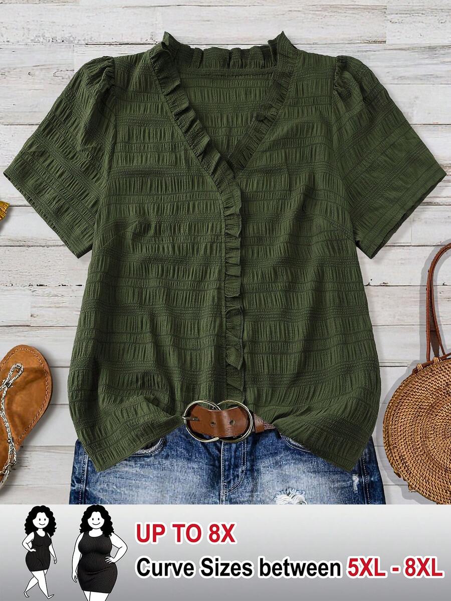 SHEIN CURVE+ Plus Size Women's Solid Textured V-Neck Short Sleeve Casual Regular Shirt, Suitable For Outings And Vacations, Spring/Summer Tops - Army Green - View 1
