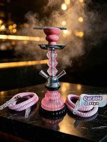 1pc Small 2 Hose Hookah Set – Glass Base Ceramic Bowl Shisha Pipe, Portable Outdoor Party Gift For Friends - Pink - View 1
