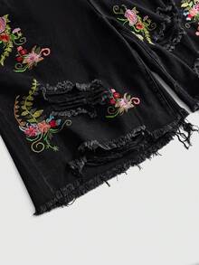 ROMWE Fairycore Plus Size Casual Pastoral Spring/Summer Embroidered Frayed Distressed Versatile Denim Mid-Length Pants - Black - View 4