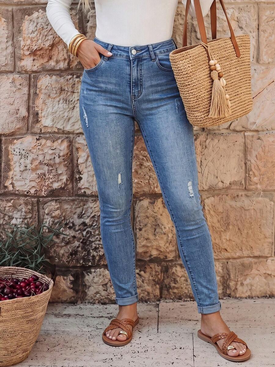 EMERY ROSE Jeans ajustados casuales y versátiles para mujer con bolsillos rasgados - Azul - Ver 1