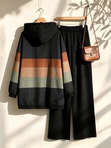 Rusticease Plus Size Women's Color Block Striped Hooded Drawstring Zip Up Three-Quarter Sleeve Jacket And Pants Casual Two Pieces Set Fall Winter 2026 - Multicolor - View 4