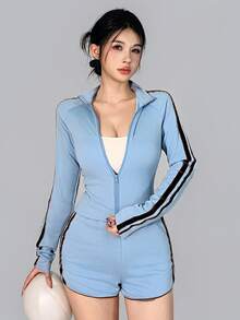 DAZY Women's Colorblock Light Blue Striped Jacket Shorts Sports Set Gym Workout Autumn Sporty Athleisure Athleisure Athletic - Blue - View 4
