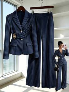 Elenzga Spring Newest Blue Striped Elegant Commuter Style Waist-Cinched Flared Pants With Decorative Buckle Design Pleated Women's Two Pieces Set - Blue - View 3