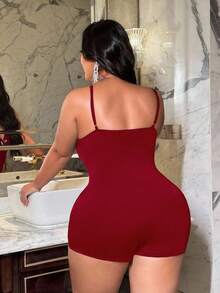 SHEIN CURVE+ 大码女式深V领蕾丝撞色网纱性感吊带连体衣 - 紅色 - 查看 2