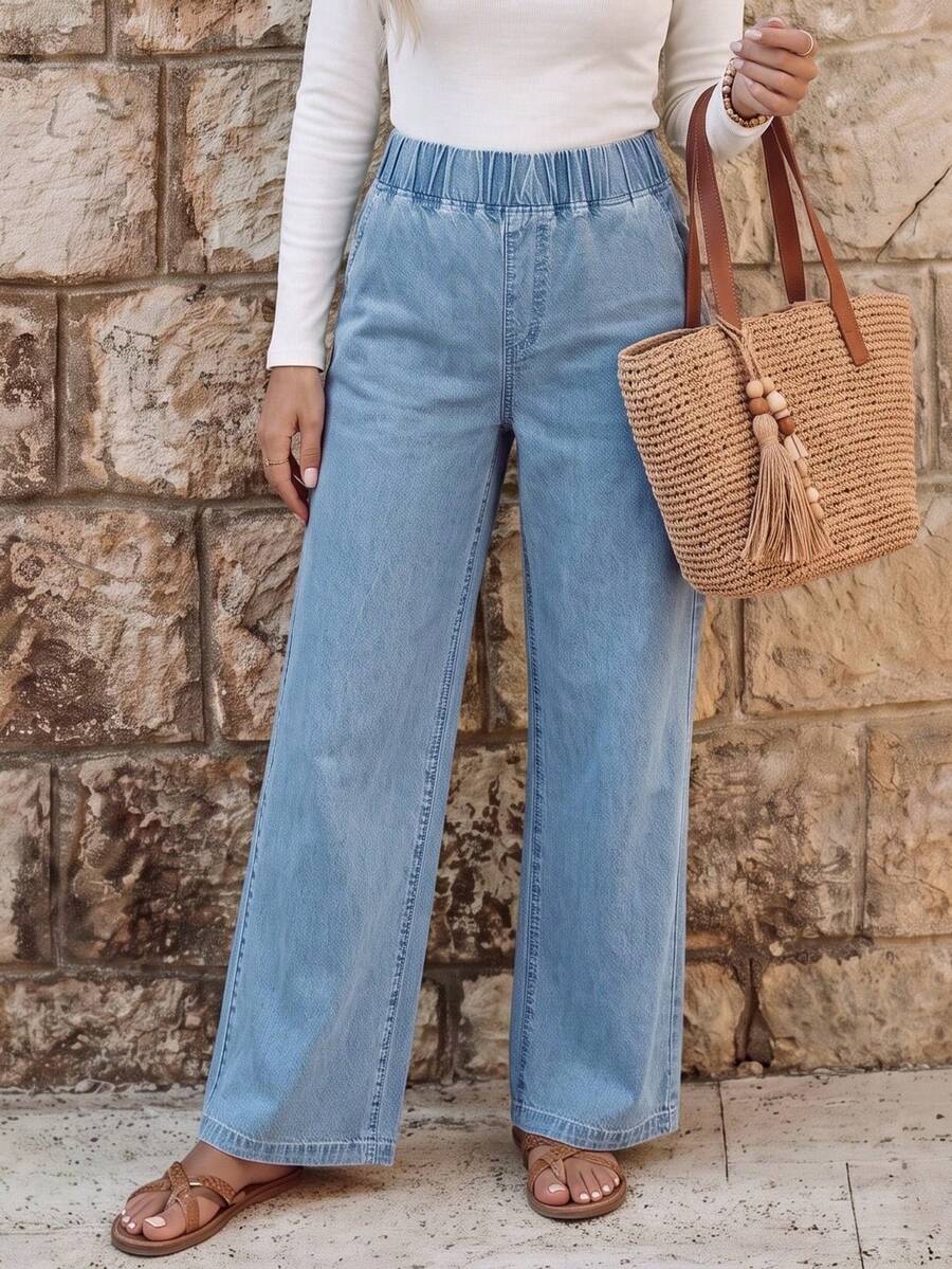 EMERY ROSE Celana Jeans Wanita Kasual Serbaguna Warna Hitam dengan Pinggang Tinggi dan Potongan Lebar, Cocok untuk Semua Musim - Biru - View 1