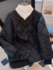Franclia V-Neck Button Rhombus Stitching Women Padded Coat - Black - View 4