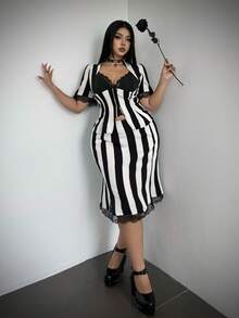 Whyspr Halloween Cosplay Light Punk Striped Colorblock Lace Halloween Gothic Elegant Commute Short Sleeve Skirt Short Plus Size 2 Pieces Set Women's Hallowee - Black and White - View 5