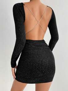 SHEIN PETITE Women Dresses Rantai Backless Criss Cross Plain Pesta - Hitam - View 1