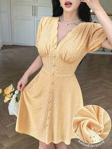 Modelyn Women's French Style Summer New Knit Jacquard Petal V-Neck Puff Lantern Sleeve Short Sleeve Waist-Cinched Umbrella Skirt Short Dress Vacation Date - Yellow - View 4