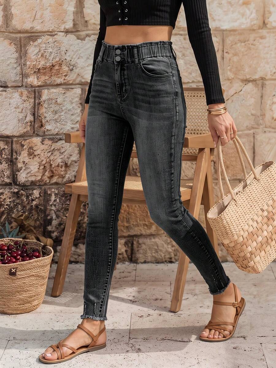 EMERY ROSE Jeans ajustados con cintura elástica, bolsillos en diagonal y forro térmico para otoño/invierno - Gris Oscuro - Ver 1