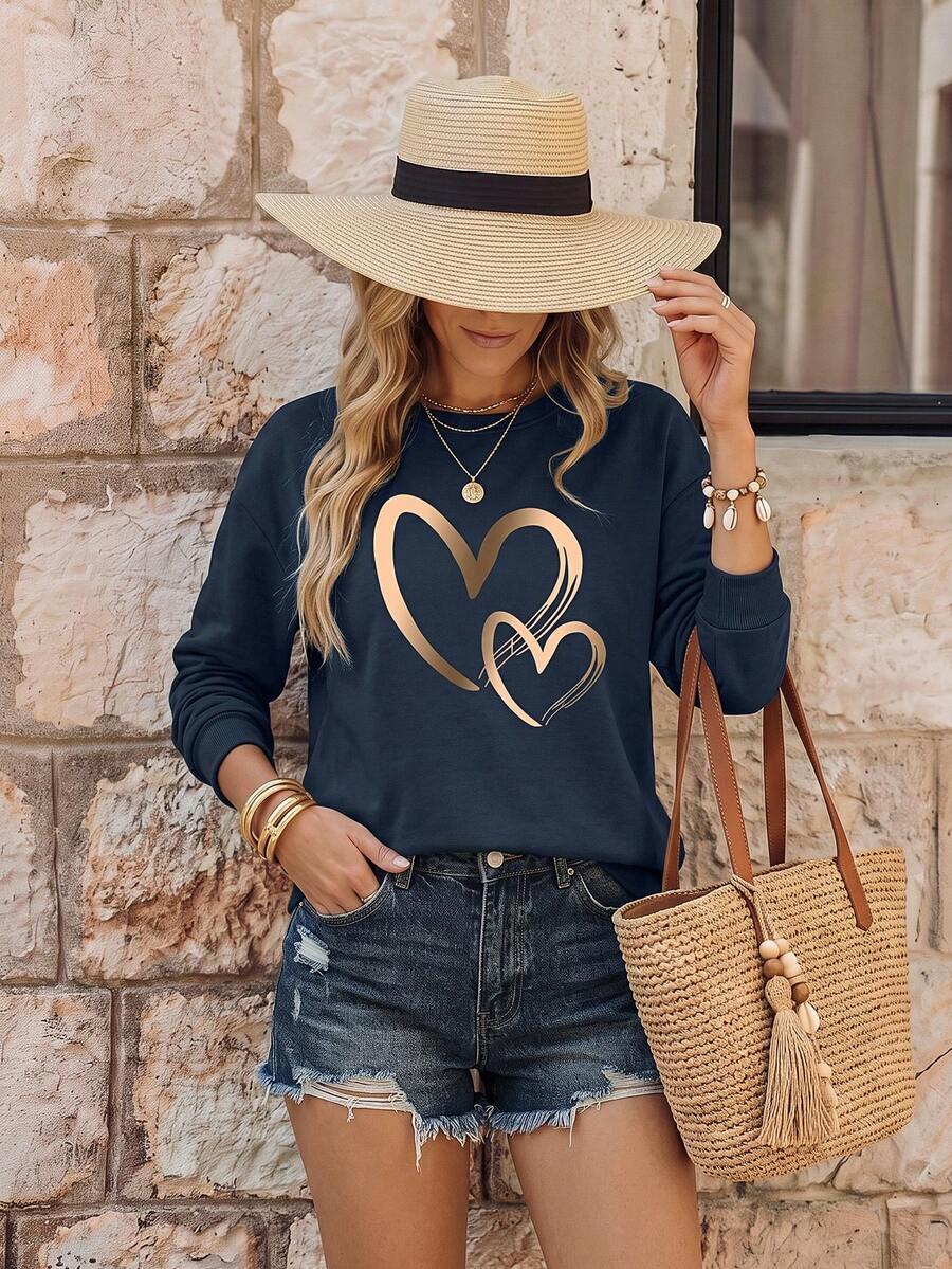 EMERY ROSE Regular Round Neck Women's Casual Heart Print Sweatshirt - Navy Blue - View 1