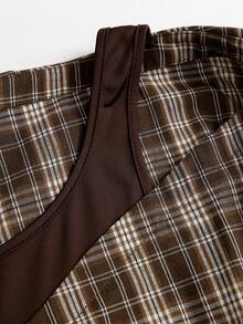 Sweetra Women's Lapel Open Front Button-Up Patchwork Waist Tie Large Plaid Casual Long Sleeve Shirt - Coffee Brown - View 4