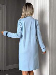 SHEIN Cute Soft Blue Button Front Long Sleeve Casual Sleep Dress - Baby Blue - View 3