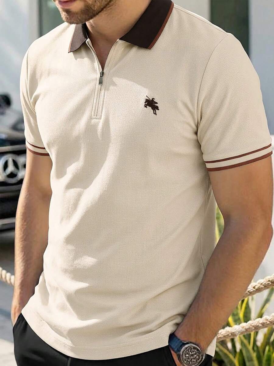 Manfinity Mode Men's Knight Pattern Contrast Color Casual Commute Short Sleeve Polo Shirt - Apricot - View 1