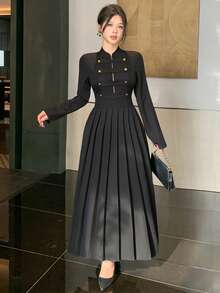 Joudiya Vestido largo elegante para mujer de estilo militar, negro, de otoño, con cuello alto pequeño, manga larga, doble botonadura con botones metálicos, falda plisada completa y cintura ceñida, ideal para ir a la oficina y citas - Negro - Ver 6