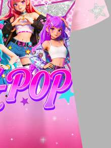 Tween女孩休閒簡約K-Pop卡通女孩彩色漸層女團短袖中長洋裝，適合夏季 - 彩色 - 查看 5