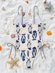 Swim Vcay 女款度假字母魚紋連身泳衣 - 藍色 - 查看 6