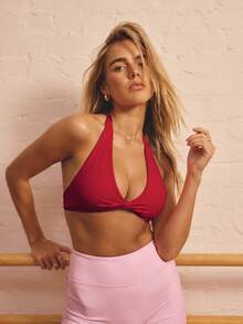 Aralina Women's Solid Color Twisted Backless Halter Neck Sports Bra - Red - View 3