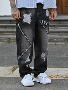 Devon Thys Men's Casual Fashion Street Ripped Raw Edge Loose Straight Leg Jeans - Black - View 5