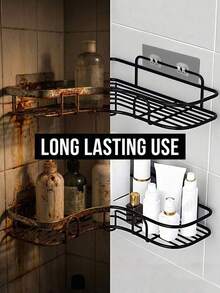 1pc Bathroom Triangle Rack With No-Drill Heavy-Duty Rustproof Corner Shelves For Holding Shampoo Bottles In Shower Corner Or Kitchen Sink Organizer Rack Wall Shelves & Corner Shelves Home Decor Essentials - Black - View 7