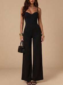 SHEIN BAE Women's Solid Black Lace Neckline Patchwork Built-In Padded Elegant Minimalist Spaghetti Strap Wide Leg Jumpsuit, Suitable For Dating, Nightclub, Outing, Bodycon Shapewear, Party, Black Jumpsuit, Music Festival, Brunch - Black - View 3
