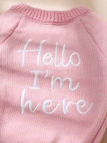 SHEIN 2件組 Hello I'm Here 淡粉色新生兒男嬰女嬰趣味圖案針織嬰兒連身衣連腳褲含帽子 秋季拍照道具 - 粉色 - 查看 8