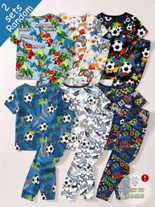 SHEIN 【6件套，随机发货2件/套】男童睡衣，春夏新品，时尚热销，酷炫图案印花，包括积木、恐龙、足球、游戏机等，紧身针织面料短袖上衣和长裤睡衣套装，街头风 - 彩色 - 查看 2