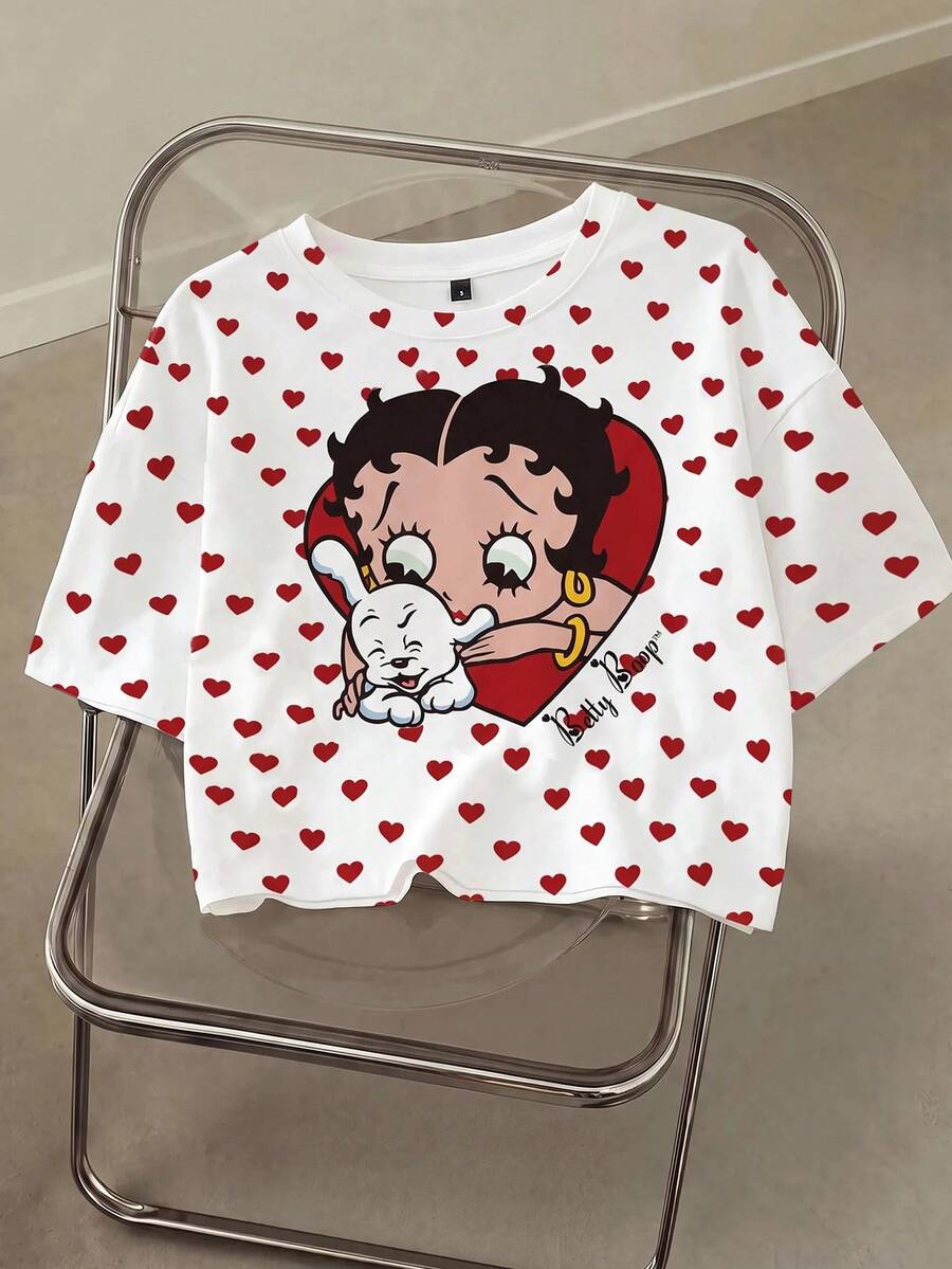 Betty Boop x SHEIN 女士短款T恤 - 白色 - 查看 1