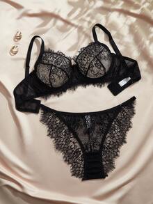 Charlaine Plus Size Women's French Bra Set, Eyelash Lace Sexy Lingerie Set, 2 Pieces - Black - View 5