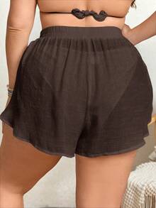 SHEIN Swim Curve Plus Size Solid Color Wrap Tie Knot Short Sheer Shorts Coverup - Brown - View 2