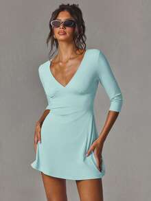 Athîral Women's Casual V-Neck Elastic Mid-Sleeve Backless Short Dress, Date Outfit, Party Outfit, Daily Wear - Teal Blue - View 5