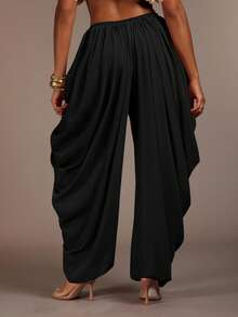 Hauture Women's Summer Casual Vacation Loose Pleated Wide Leg Pants - Black - View 5