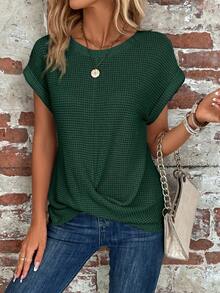 EMERY ROSE Women's Summer Solid Color Round Neck Batwing Sleeve Casual T-Shirt - Dark Green - View 7
