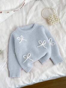 SHEIN Vintaside Kids 時尚百搭可愛蝴蝶結女童套頭圓領針織毛衣 - 淺藍色 - 查看 4
