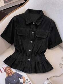 SHEIN MOD Atasan Denim Kasual Harian Wanita Ukuran Plus dengan Kancing Tunggal - Hitam - View 1