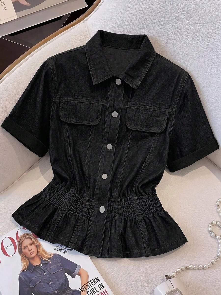 SHEIN MOD Atasan Denim Kasual Harian Wanita Ukuran Plus dengan Kancing Tunggal - Hitam - View 1